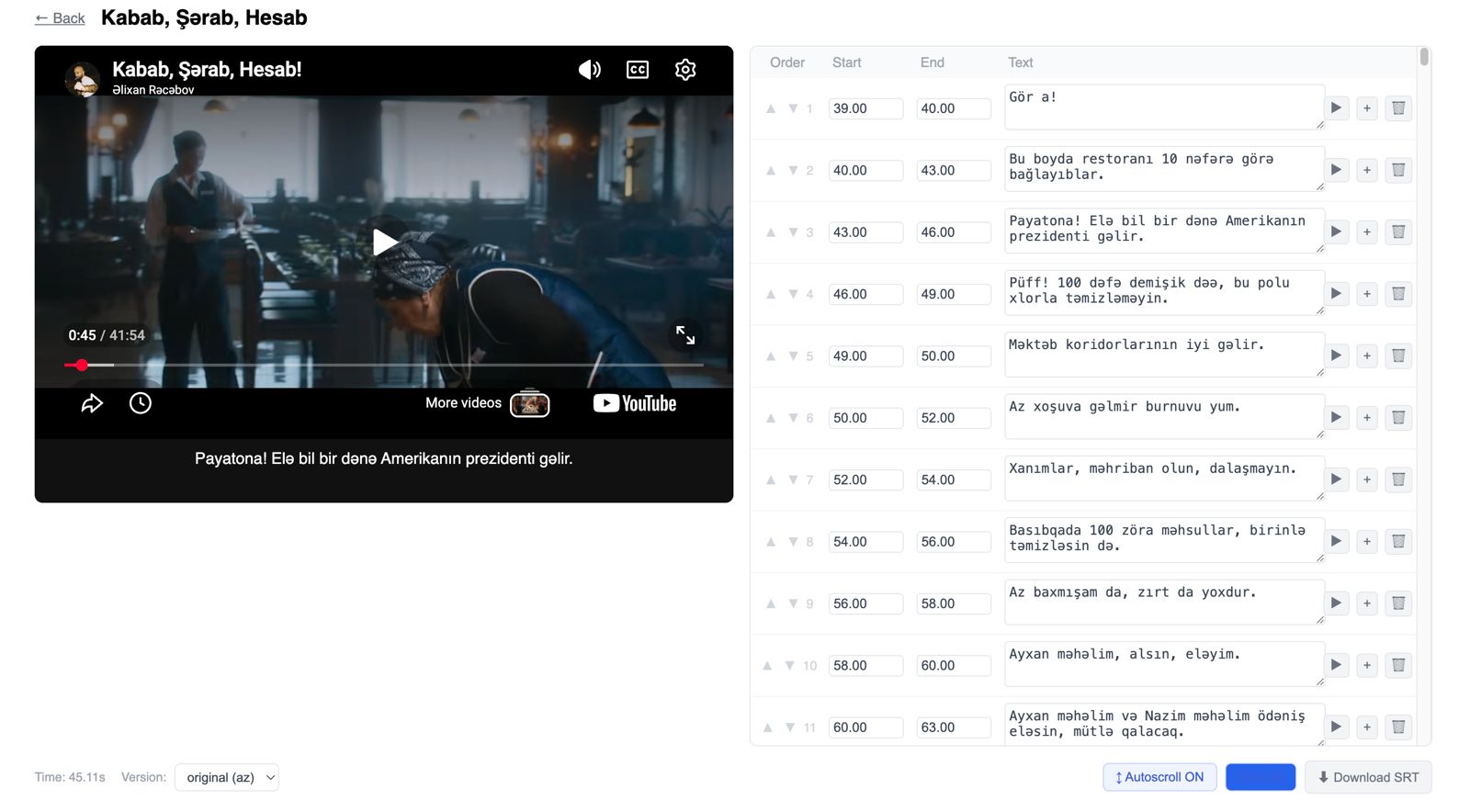 Subtitr redaktoru ekran görüntüsü